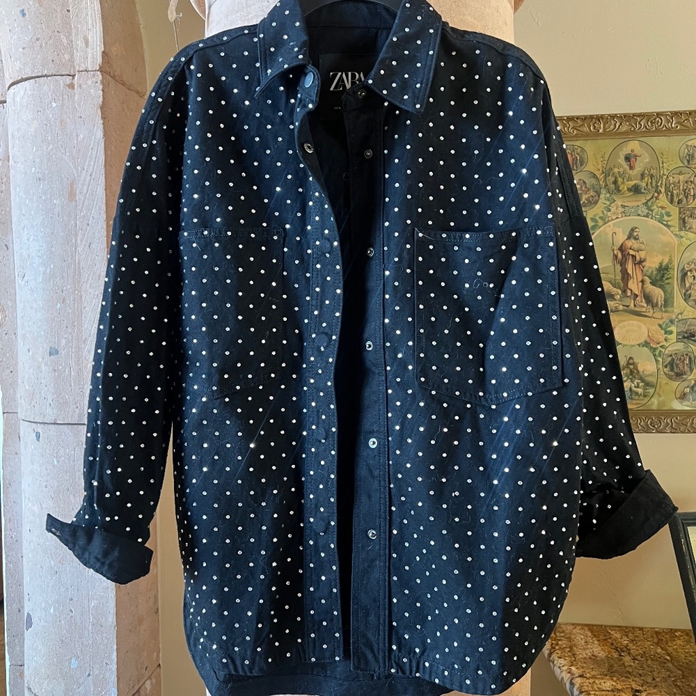 Zara black rhinestone snap up denim oversized shirt size XS